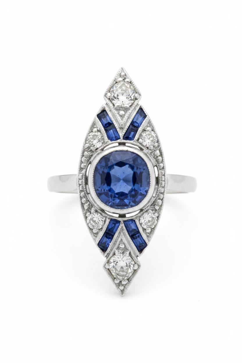 Art Deco Sapphire and Diamond Marquise Ring in 18ct White Gold and Platinum