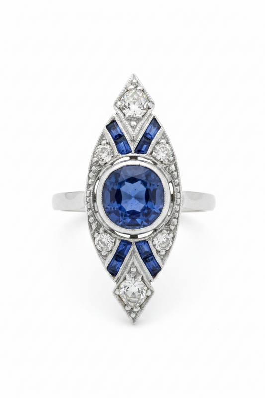 Art Deco Sapphire and Diamond Marquise Ring in 18ct White Gold and Platinum