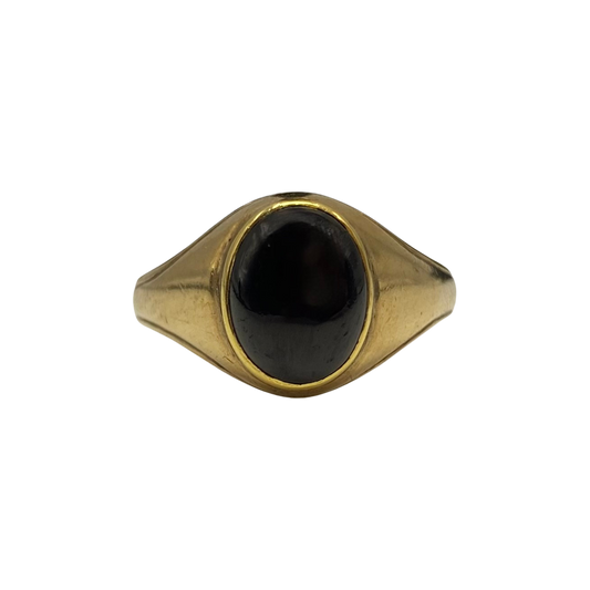 Vintage Garnet Cabochon Oval Signet Ring in 9ct Yellow Gold
