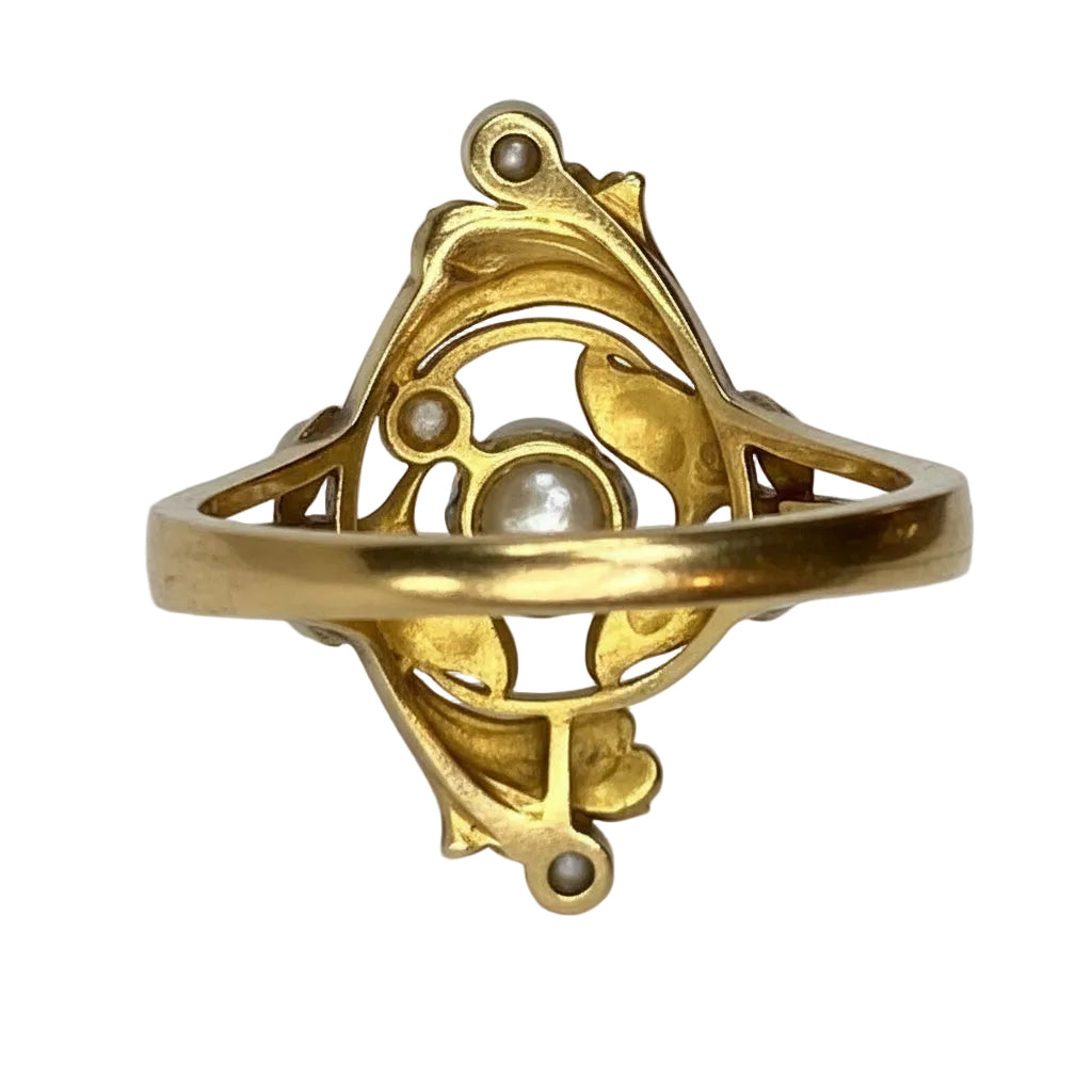 Art Nouveau Pearl & Diamond Ring in 18ct Gold
