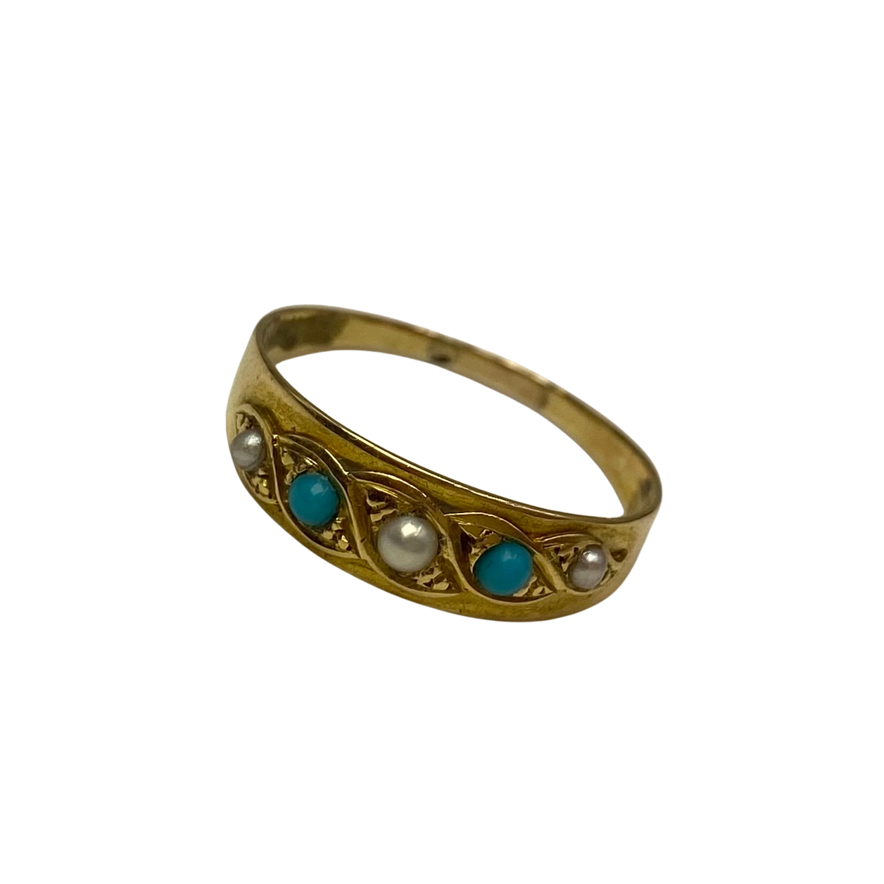 Victorian Five-stone Turquoise and Pearl Ring in 15ct Yellow Gold