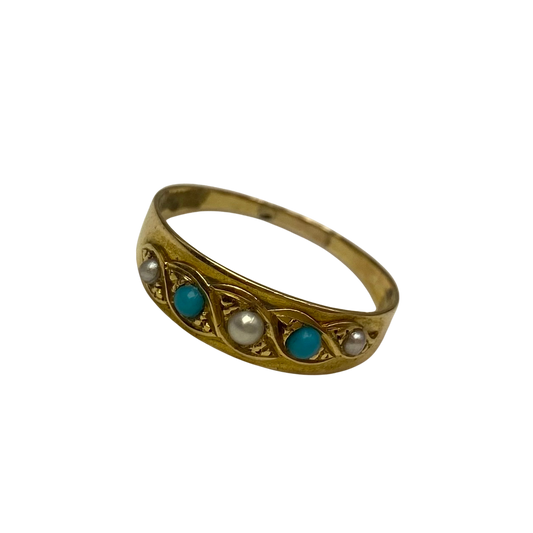Victorian Five-stone Turquoise and Pearl Ring in 15ct Yellow Gold