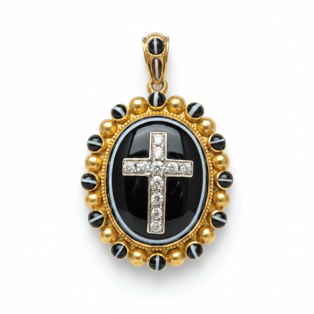 Victorian Banded Agate and Diamond Cross Pendent in 18ct Gold