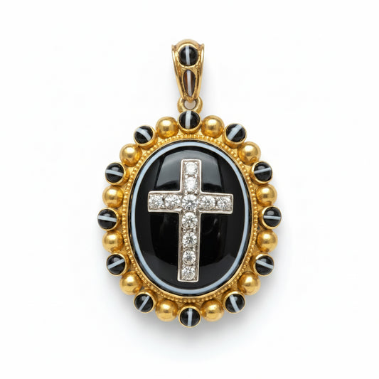 Victorian Banded Agate and Diamond Cross Pendent in 18ct Gold