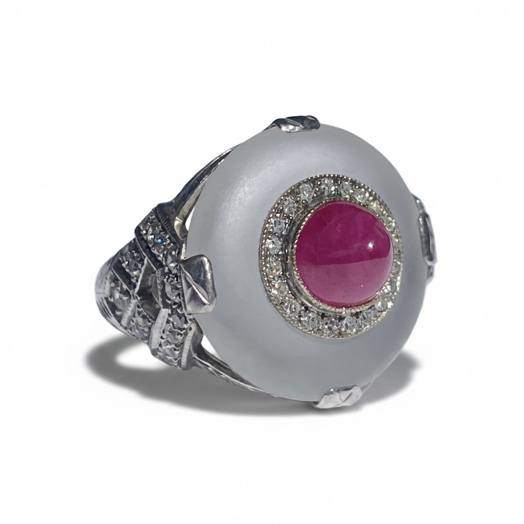 Art Deco Opaline Glass, Diamond & Ruby in Platinum