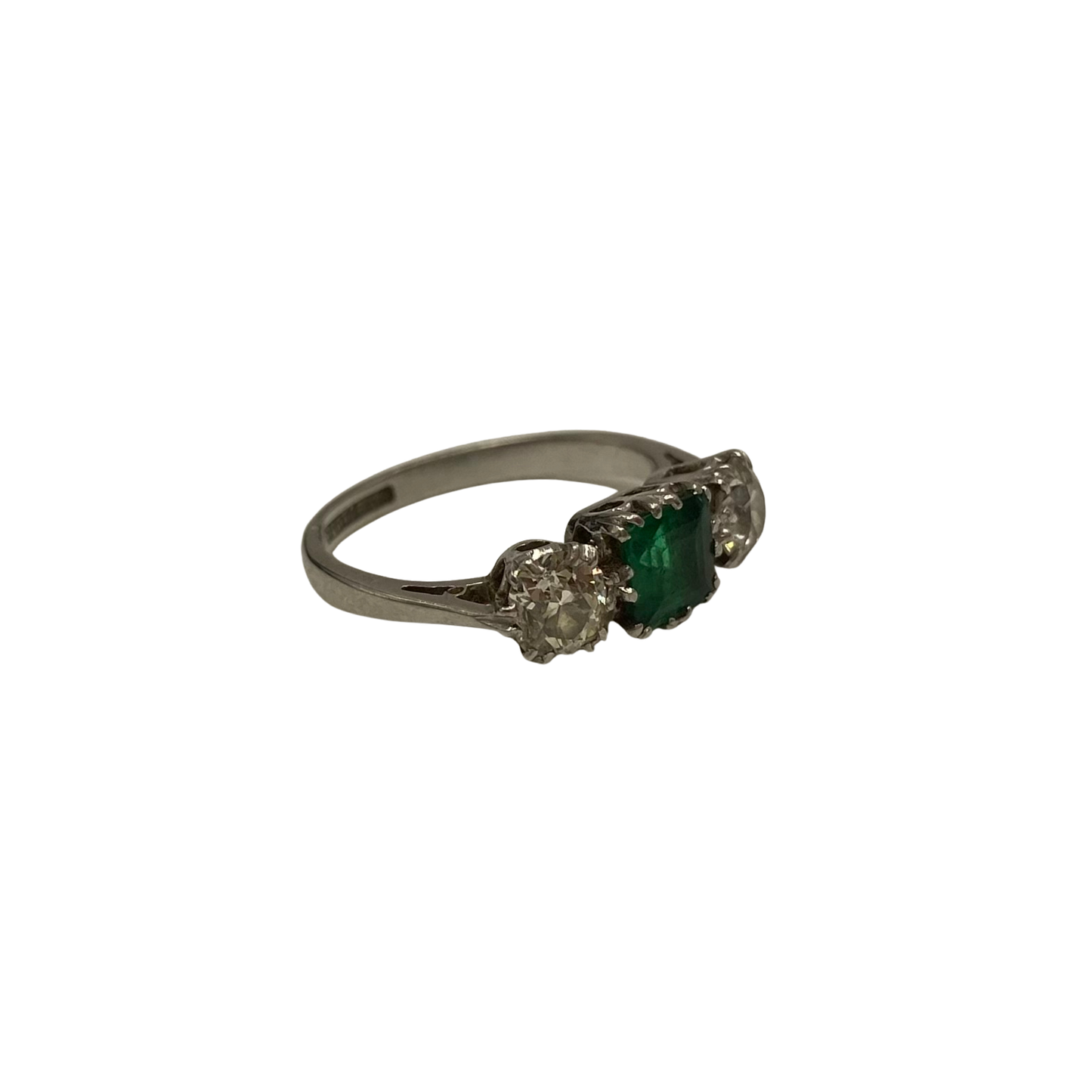 Art Deco Emerald & Diamond Three-Stone Ring in Platinum