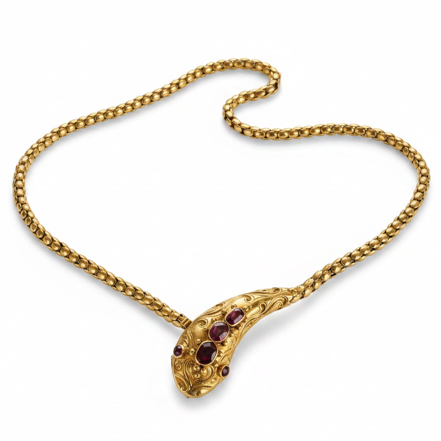 Victorian Garnet Snake Necklace in 15ct Gold