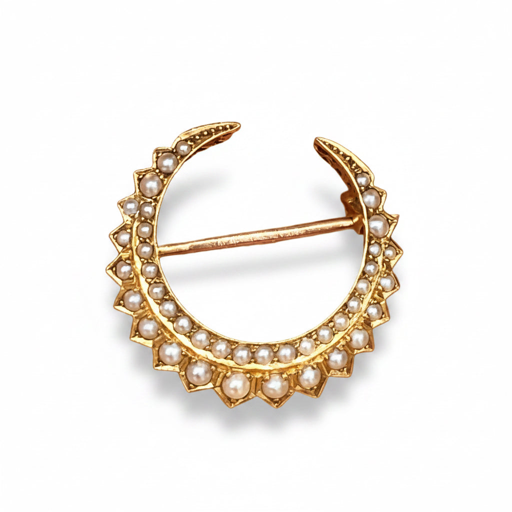 Victorian Pearl Crescent Brooch in 15ct Gold