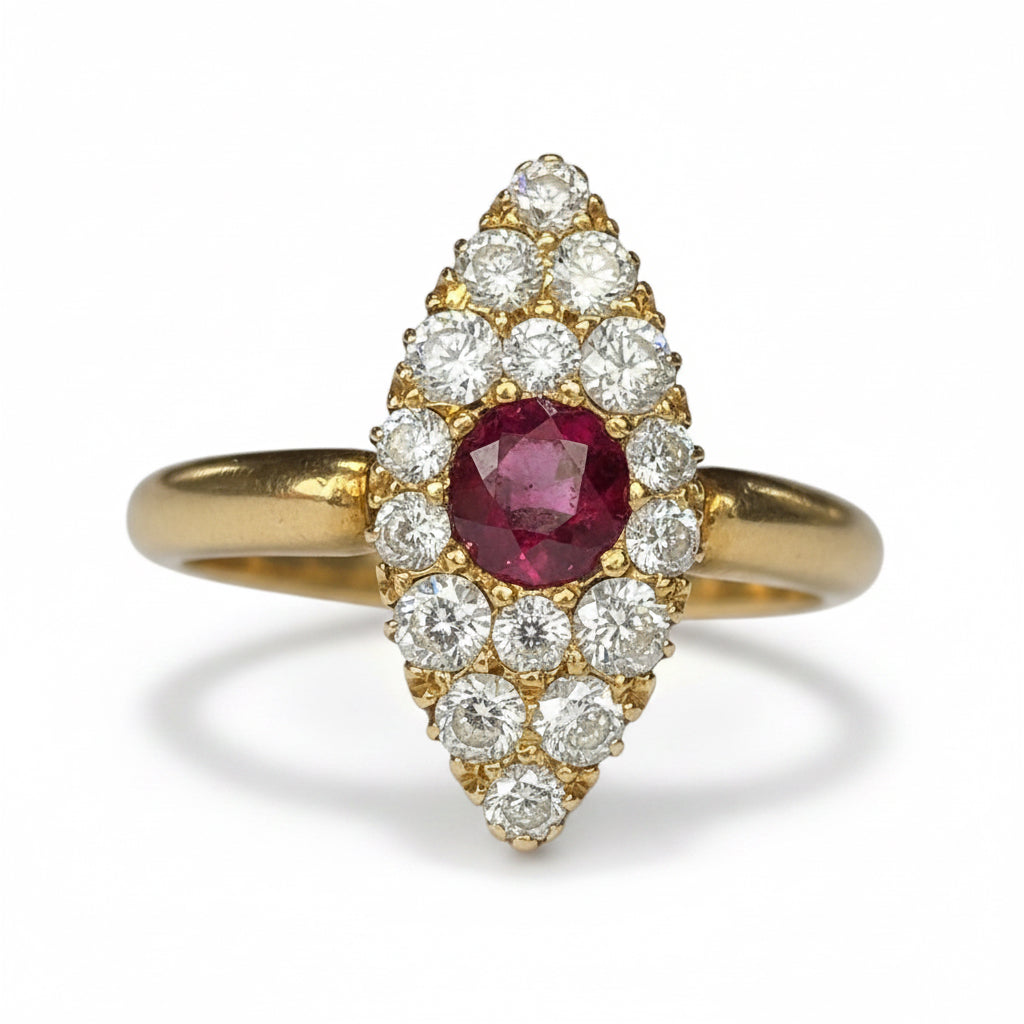 Edwardian Ruby & Diamond Marquise Ring in 18ct Gold