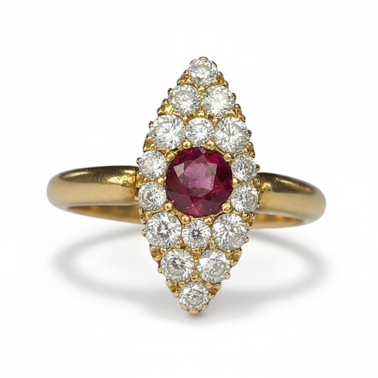 Edwardian Ruby & Diamond Marquise Ring in 18ct Gold