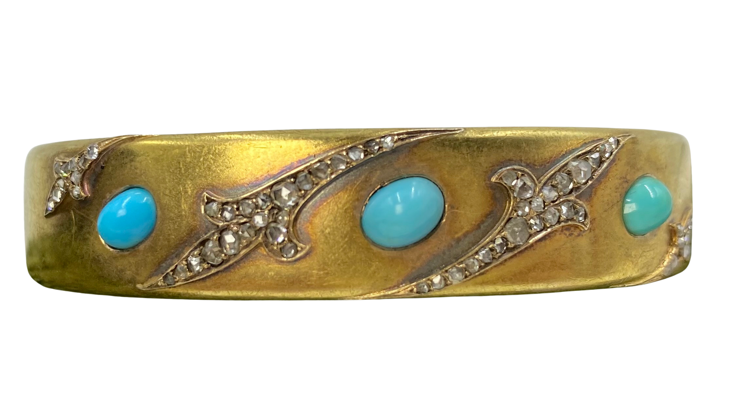 Victorian Turquoise and Diamond Bangle in 18ct Yellow Gold