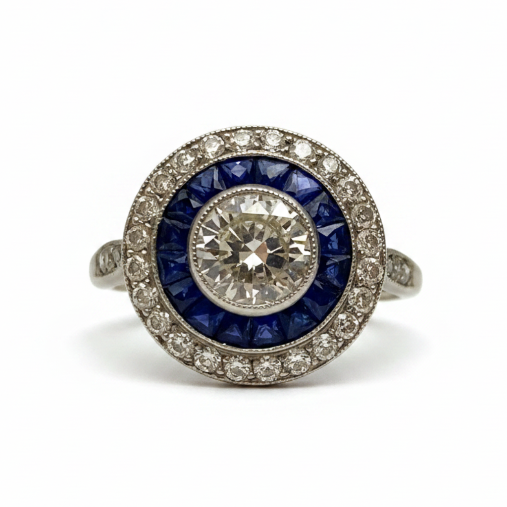 Art Deco Sapphire and Diamond Target Ring in Platinum