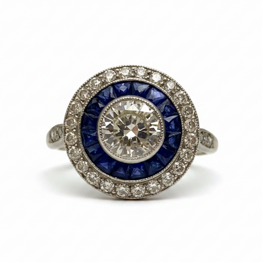 Art Deco Sapphire and Diamond Target Ring in Platinum