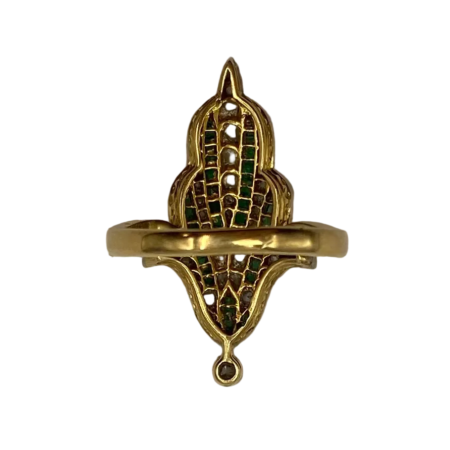 Art Deco Emerald & Diamond Navette Ring in 18ct Yellow Gold & Platinum