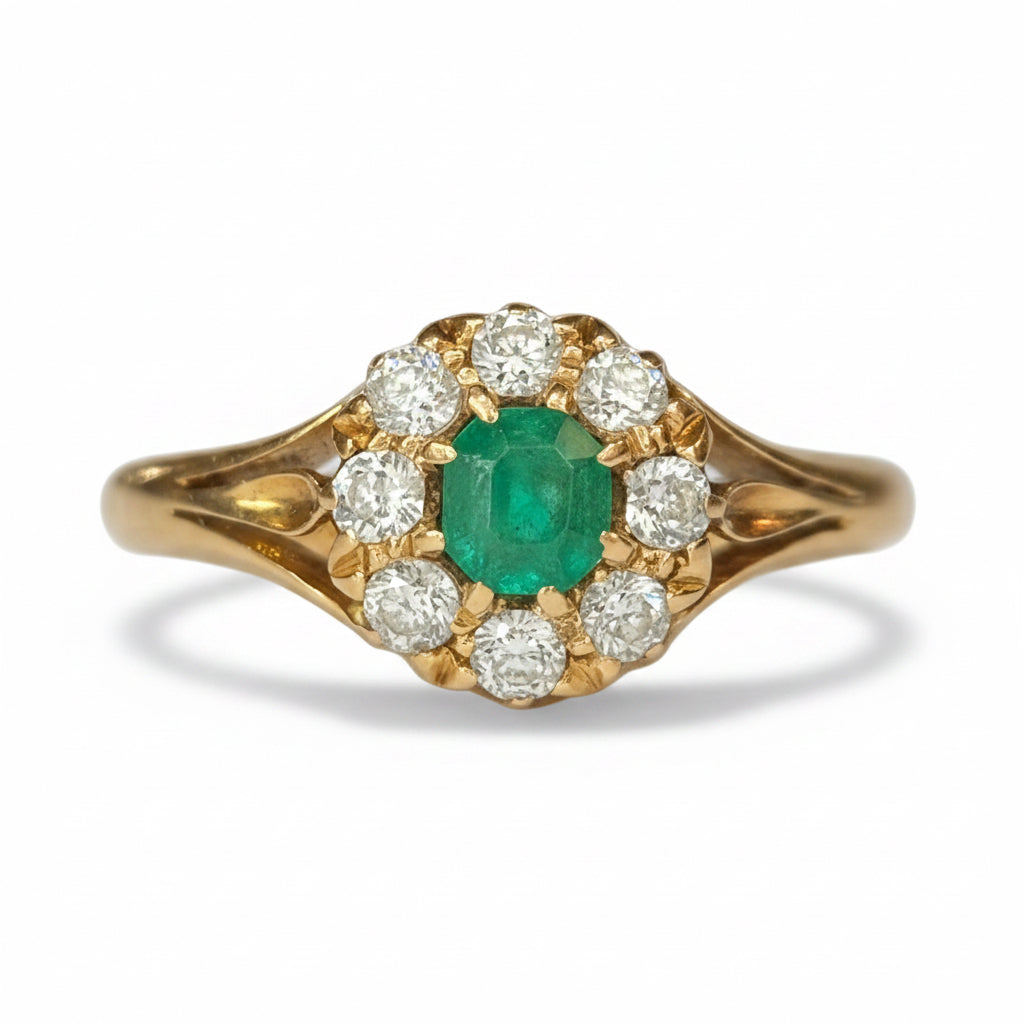 Victorian Emerald & Diamond Cluster Ring in 18ct Gold