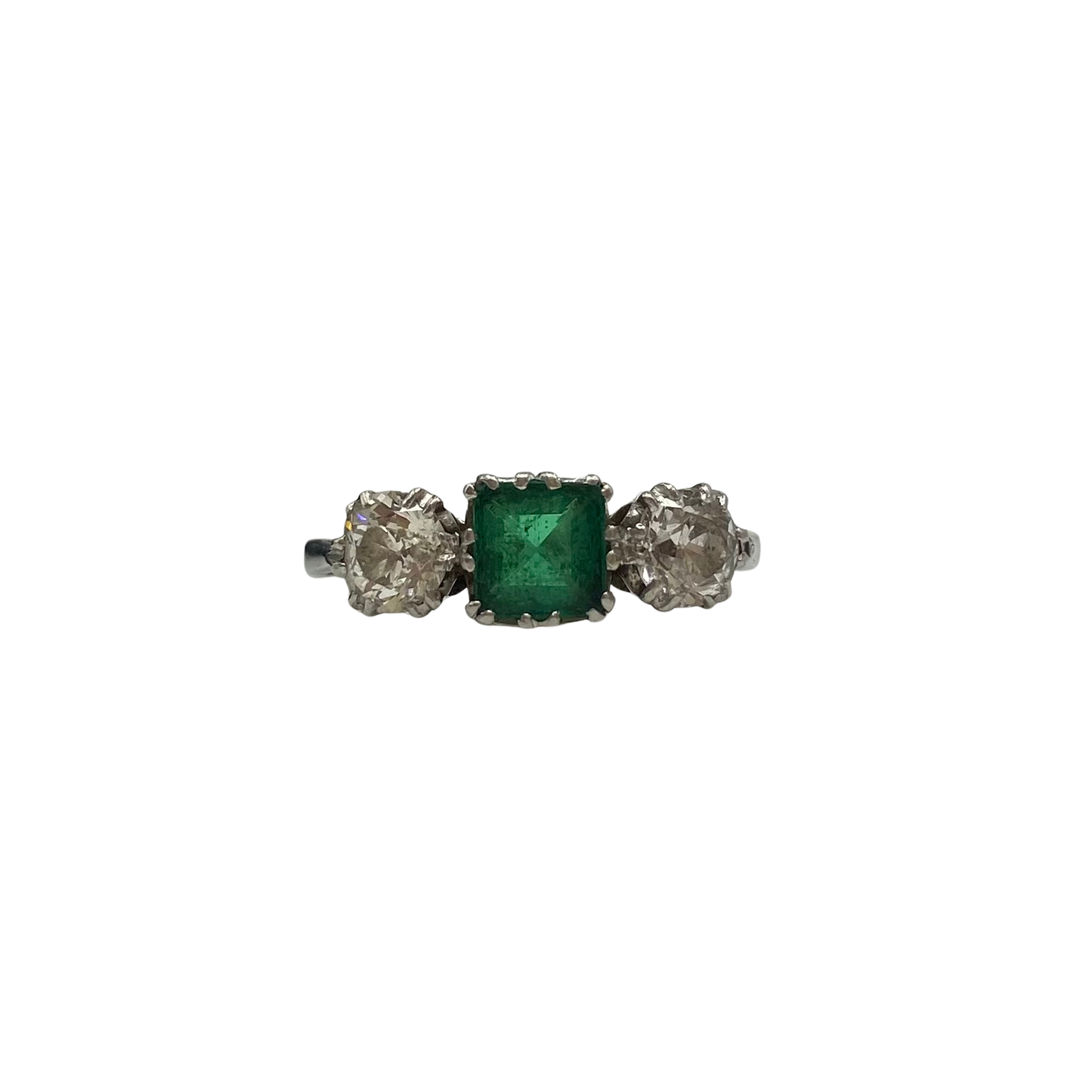 Art Deco Emerald & Diamond Three-Stone Ring in Platinum