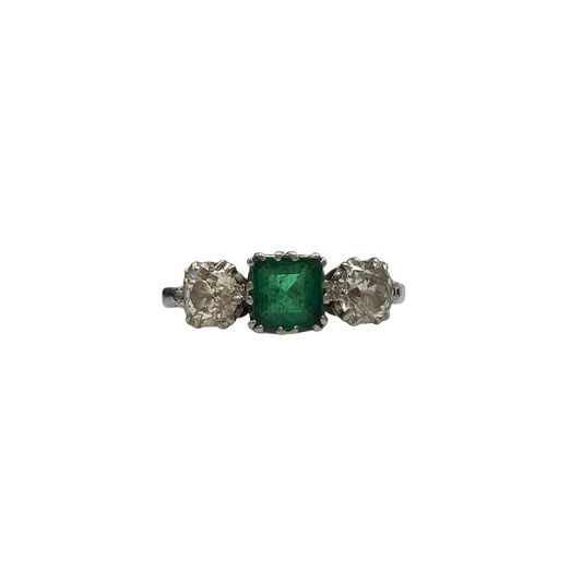 Art Deco Emerald & Diamond Three-Stone Ring in Platinum