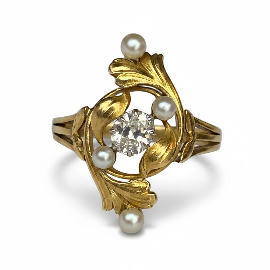 Art Nouveau Pearl & Diamond Ring in 18ct Gold