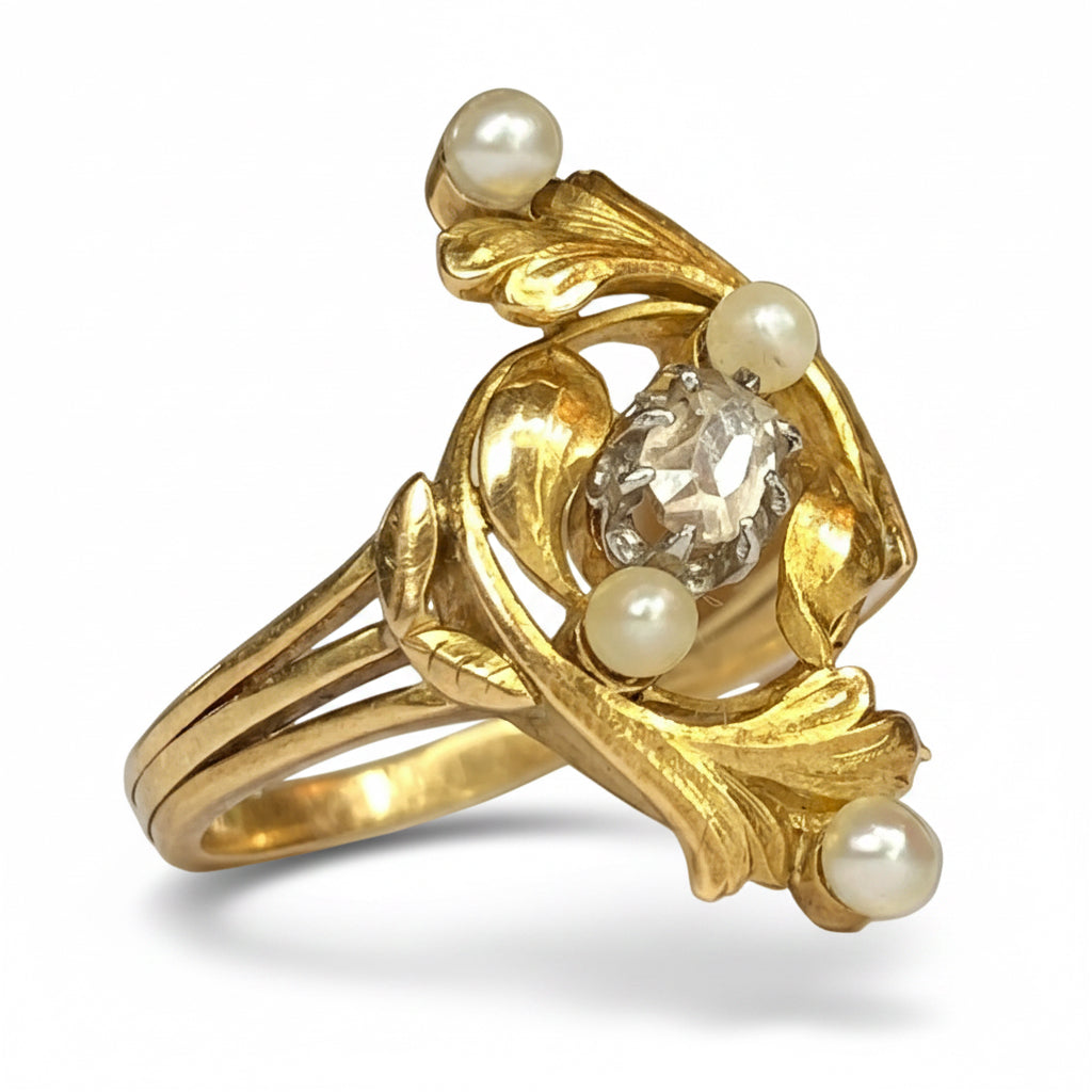 Art Nouveau Pearl & Diamond Ring in 18ct Gold