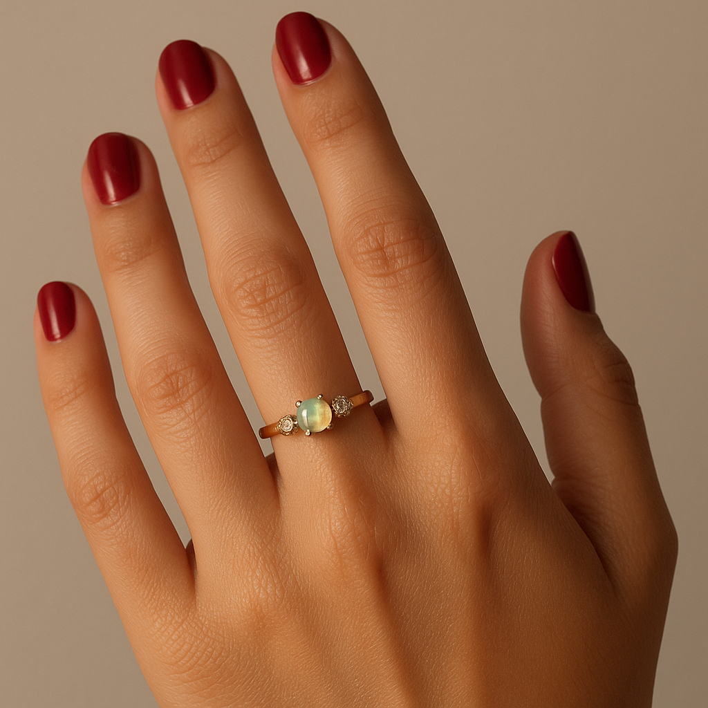 Art Deco Opal & Diamond 3-Stone Ring set in 18ct Yellow Gold