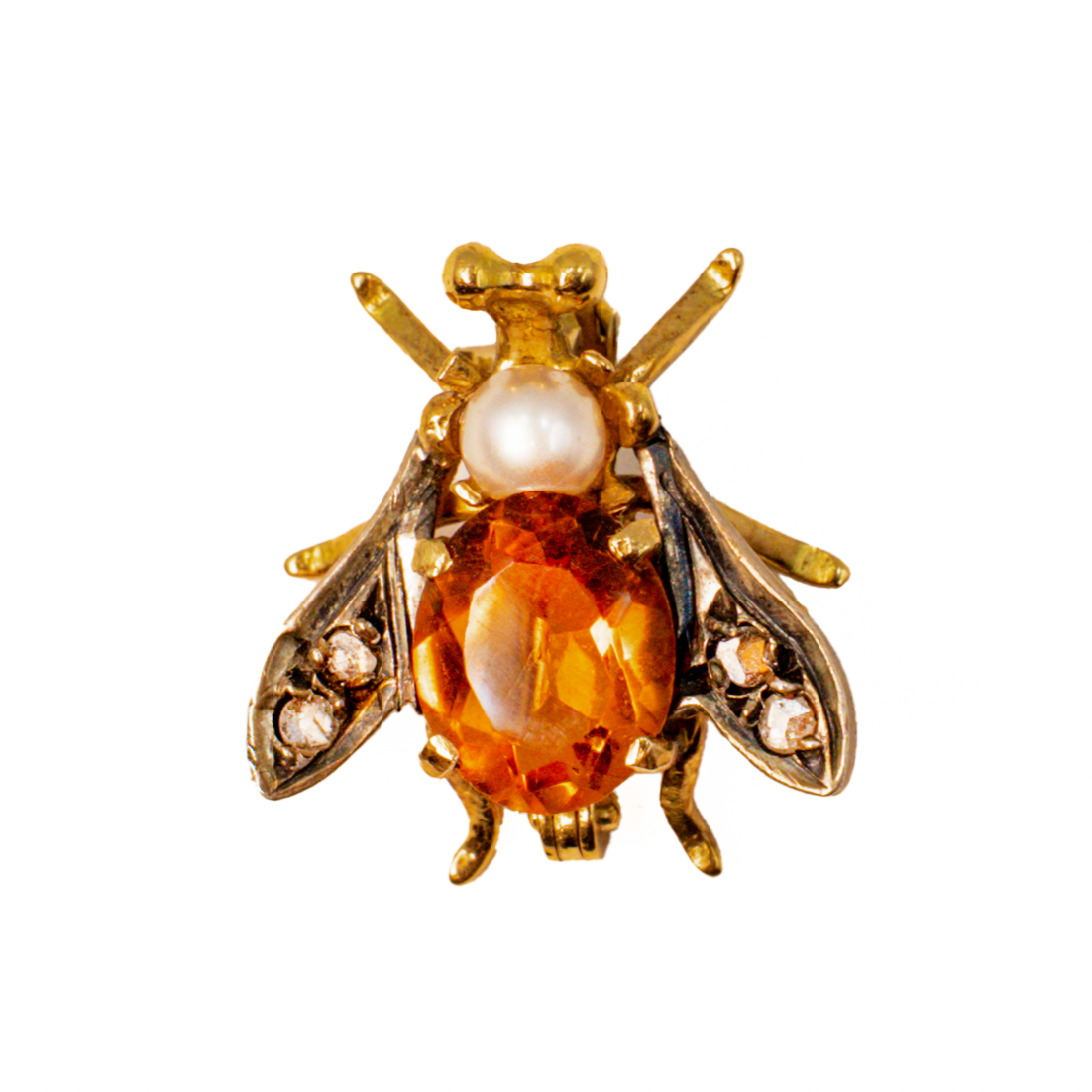 Vintage Citrine, Pearl & Diamond Bug Brooch in 18 ct Yellow Gold
