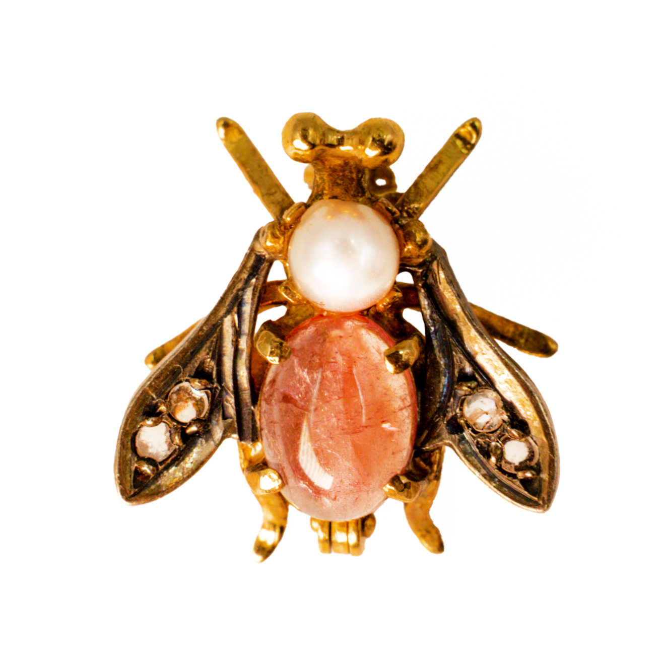 Vintage Tourmaline, Pearl & Diamond Bug Brooch in 18 ct Yellow Gold