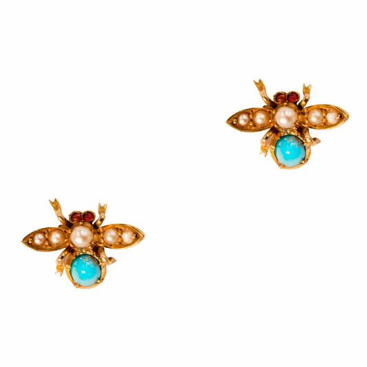 Edwardian Turquoise & Pearl Bug Earrings in 18ct Yellow Gold
