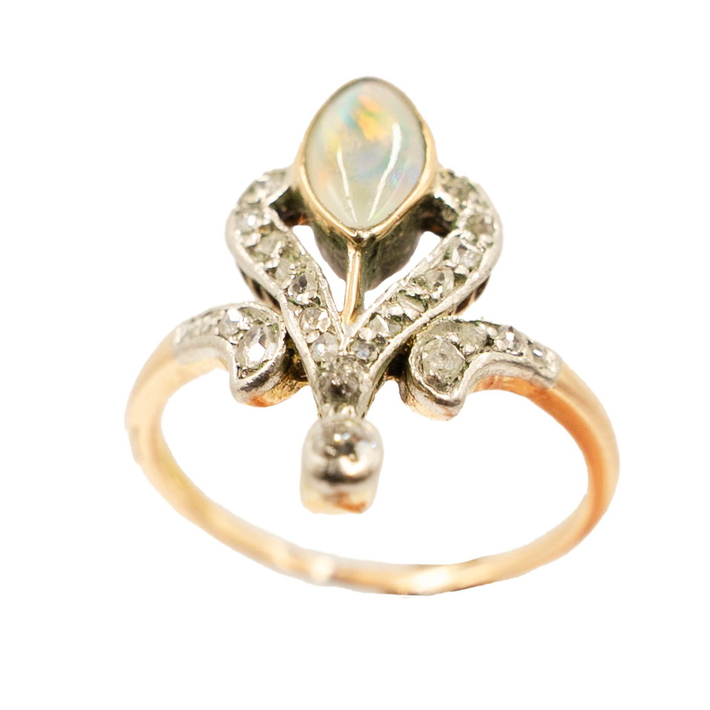 Edwardian Opal & Diamond Plaque Ring in 18ct Yellow Gold & Platinum