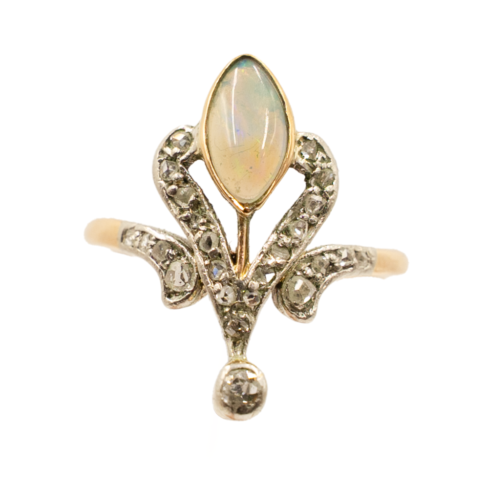 Edwardian Opal & Diamond Plaque Ring in 18ct Yellow Gold & Platinum