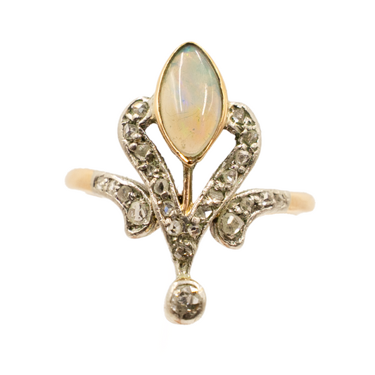 Edwardian Opal & Diamond Plaque Ring in 18ct Yellow Gold & Platinum