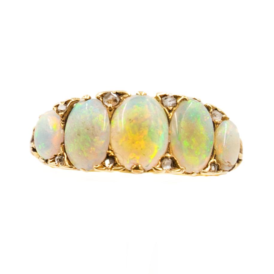 Victorian Opal & Diamond 5-Stone Ring in 18ct Yellow Gold