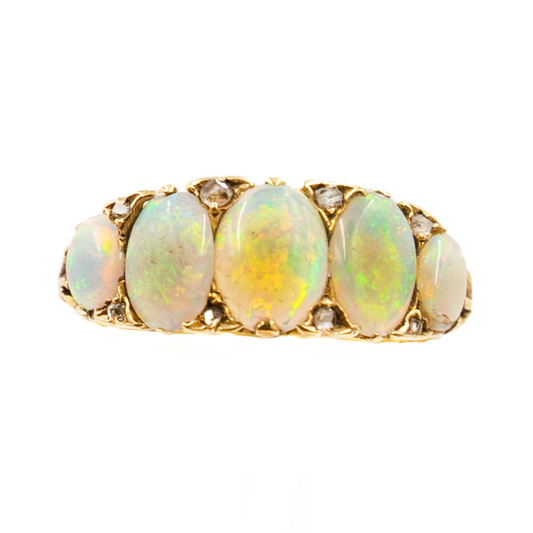 Victorian Opal & Diamond 5-Stone Ring in 18ct Yellow Gold