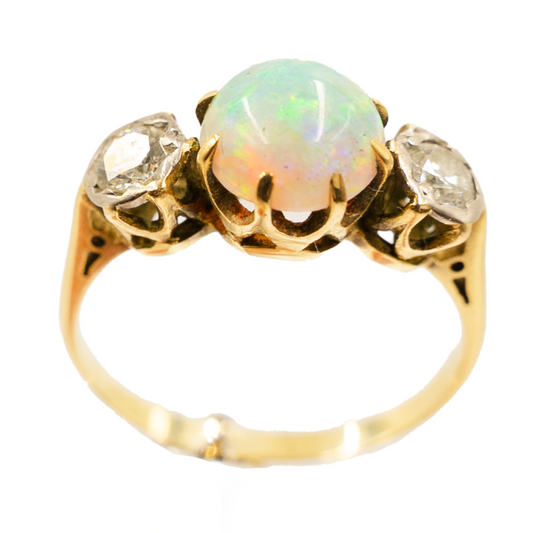 Art Deco Opal & Diamond 3-Stone Ring set in 18ct Yellow Gold
