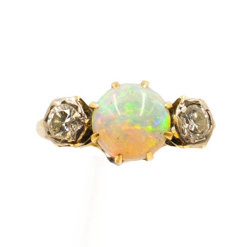 Art Deco Opal & Diamond 3-Stone Ring set in 18ct Yellow Gold