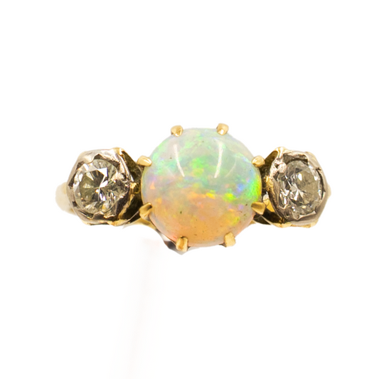 Art Deco Opal & Diamond 3-Stone Ring set in 18ct Yellow Gold