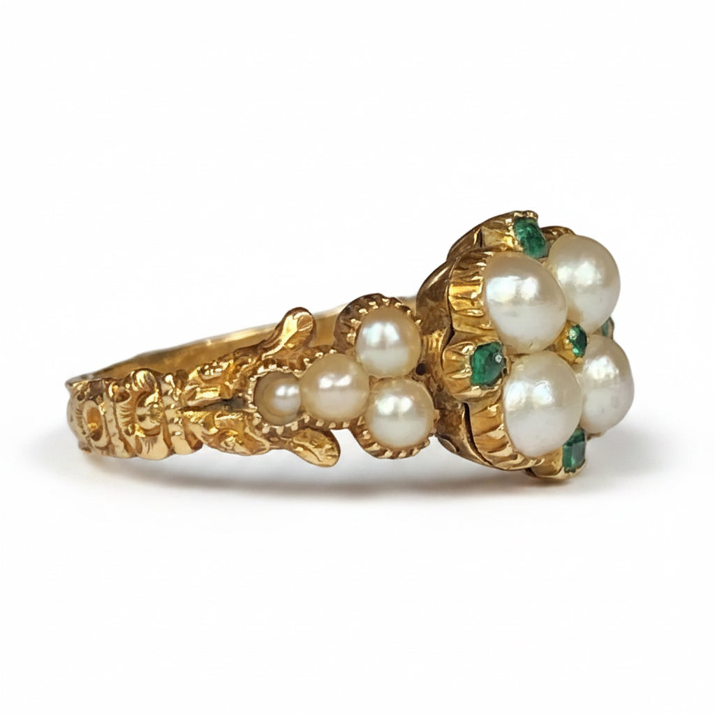 Victorian Pearl & Emerald Ring in 18ct Gold