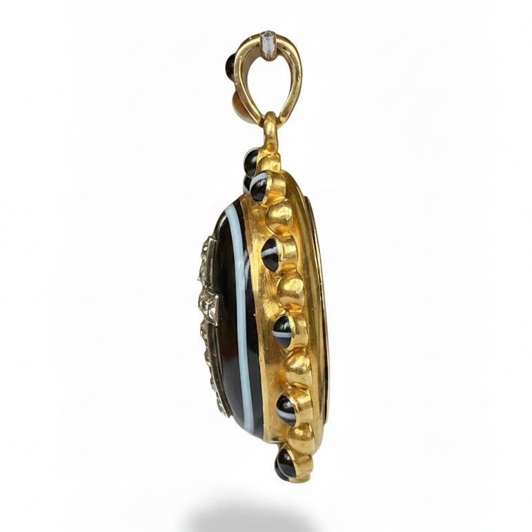 Victorian Banded Agate and Diamond Cross Pendent in 18ct Gold