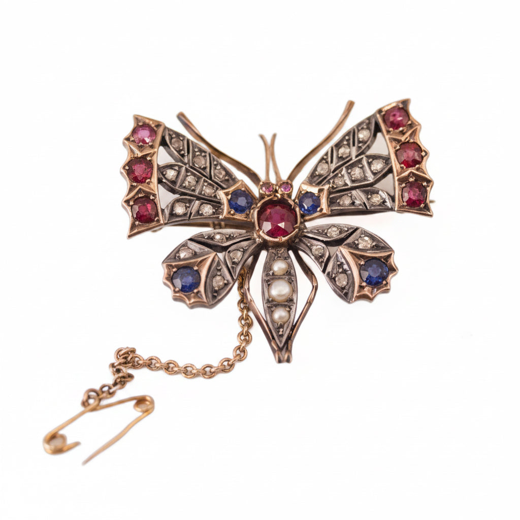 Victorian Ruby, Sapphire, Diamond & Pearl Brooch with Safety Chain in 18ct Yellow Gold