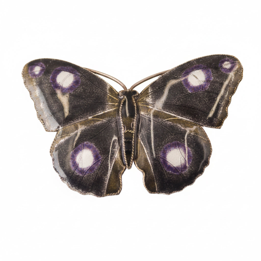 Edwardian Purple & Black Enamel Butterfly Brooch in Silver