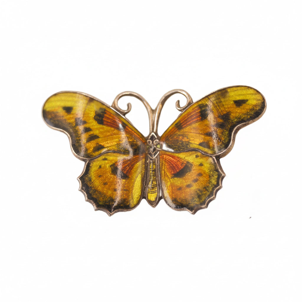Vintage Yellow Enamel Butterfly Brooch in Silver