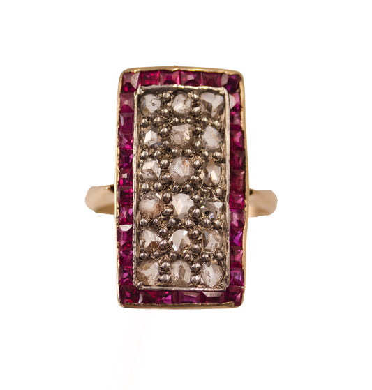 Art Deco Ruby & Diamond Plaque Rectangle Ring in 18ct Yellow Gold