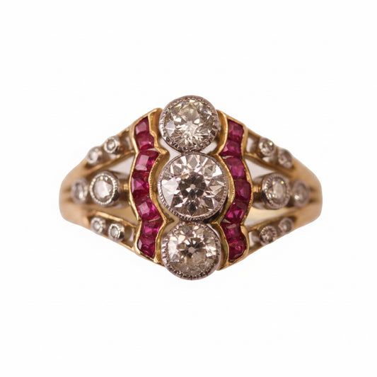 Belle Époque Ruby & Diamond Three-Stone Ring in 18ct Yellow Gold