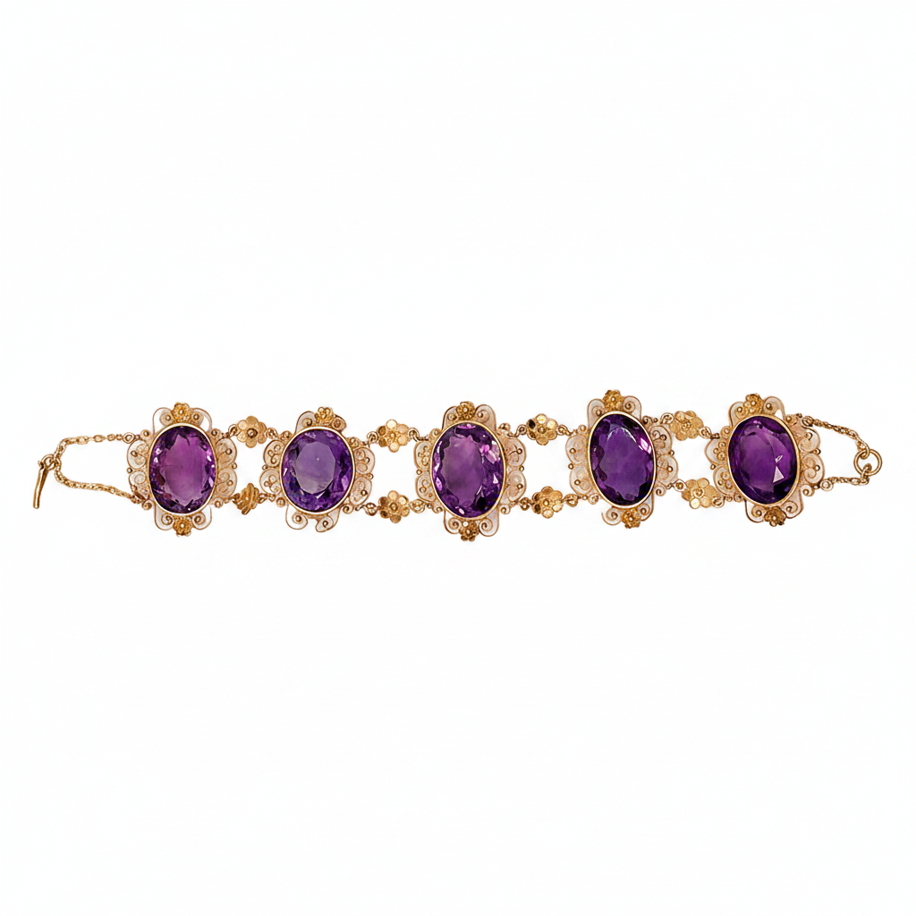 Victorian Amethyst Filigree Bracelet in 18ct Yellow Gold
