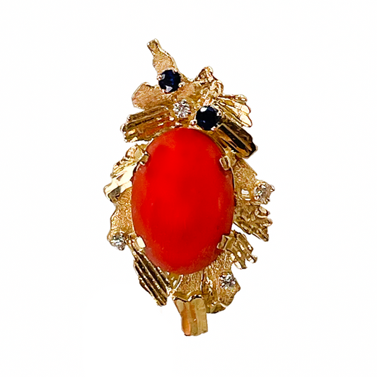 Vintage Coral, Diamonds and Sapphires Ring in 18ct Yellow Gold