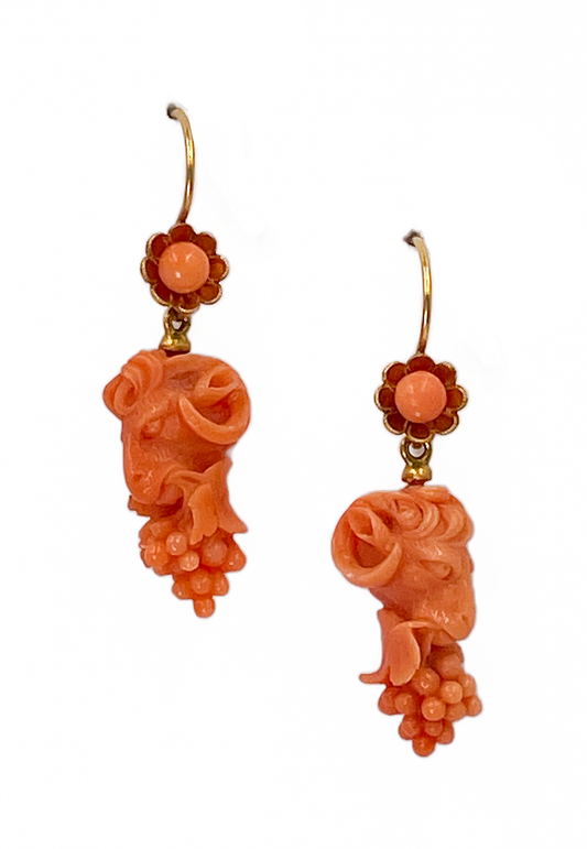 Victorian Bulls & Grapes Carved Coral Italian Drop Earrings in 18ct Yellow Gold