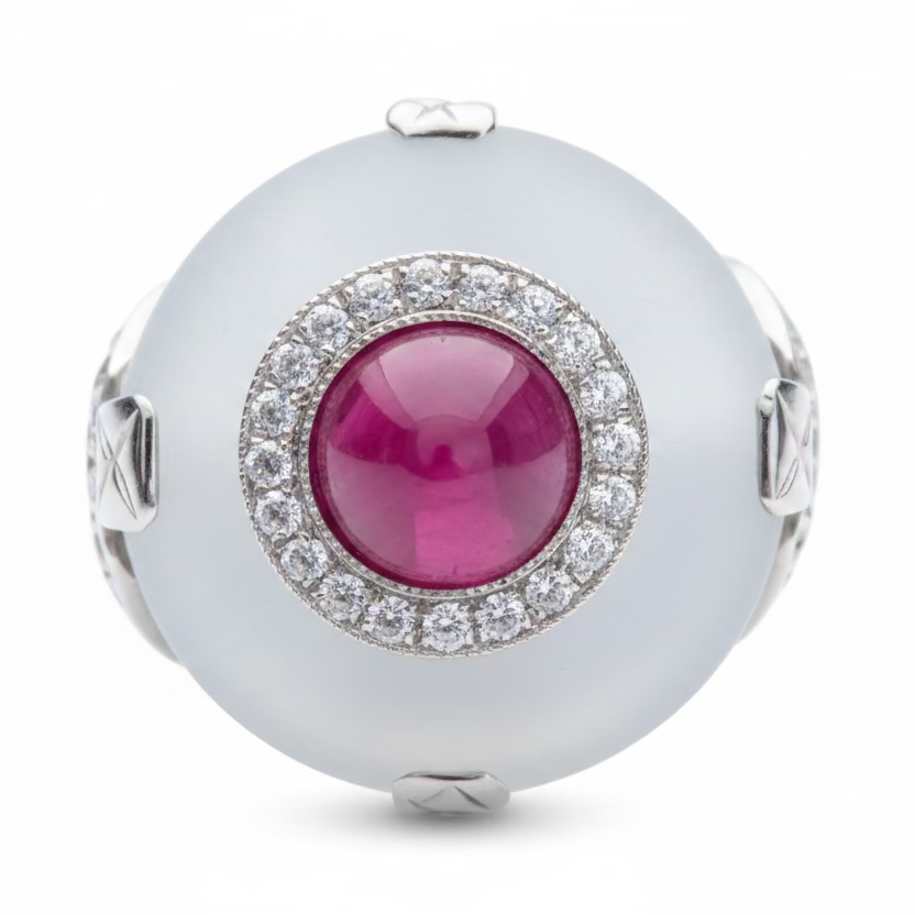Art Deco Opaline Glass, Diamond & Ruby in Platinum