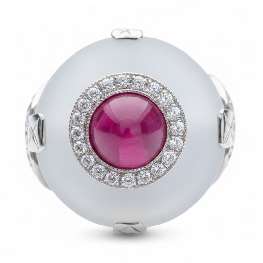Art Deco Opaline Glass, Diamond & Ruby in Platinum