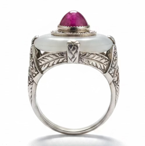 Art Deco Opaline Glass, Diamond & Ruby in Platinum