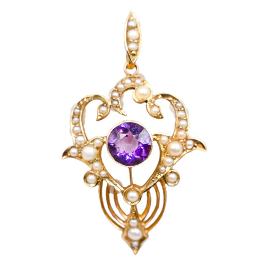 Victorian Amethyst and Pearl Pendant in 15ct Yellow Gold