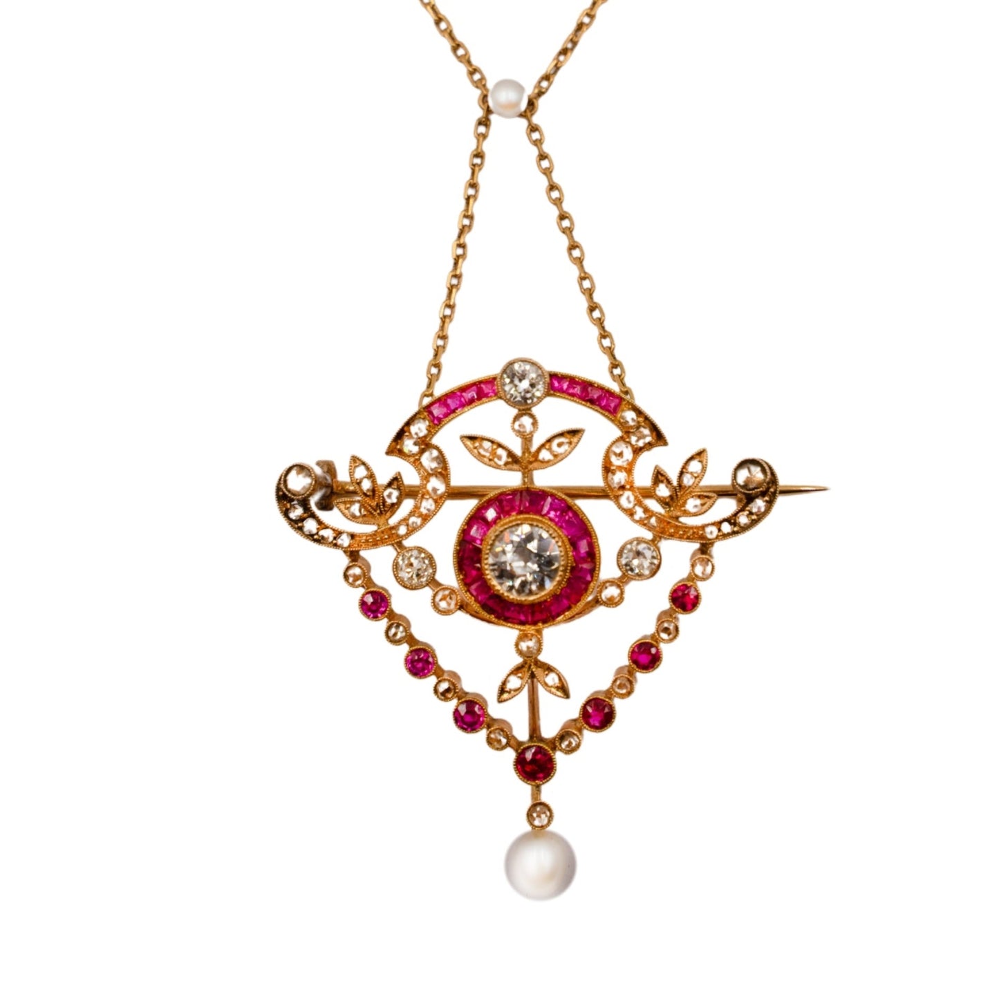 Ruby and Diamond Necklace and Brooch Set in 18ct Yellow Gold